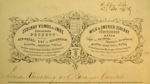 A Zsolnay-féle kereskedőház számlafejléce 1868-ból. Az eredeti megtalálható a Magyar  Nemzeti Levéltár Baranya Megyei Levéltárban.